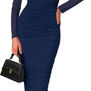 Navy Blue Fall Wedding Guest Dress Womens Ruched Bodycon Midi Long Sleeve
